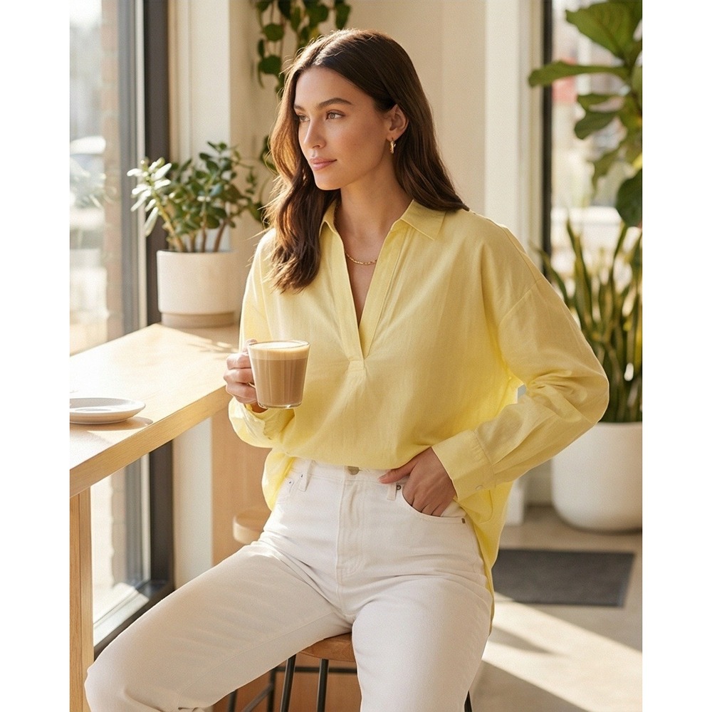 J. Jill‎ Womens XL Yellow Cotton Modal V-Neck Popover Blouse Long Sleeve NWOT